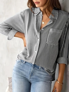 Women's vertical striped long sleeve shirt with lapel collar and single-breasted buttons