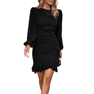 Elegant black puff sleeve dress with crew neck and asymmetrical ruffle hemline