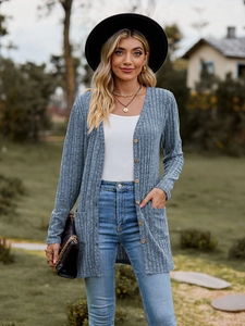 Women's grey ribbed knit cardigan with buttons and pockets for casual autumn style