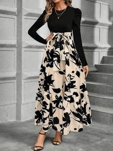 Abito Maxi da Donna Elegante Patchwork con Stampa Floreale Girocollo Manica Lunga Vita Alta a Trapezio Abito Lungo con Cintura per Festa Ufficio