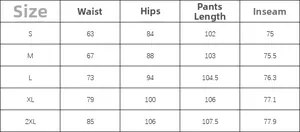 Size guide table for women's ribbed flare pants showing waist and hip measurements