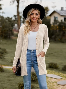 Women's oatmeal ribbed knit long sleeve cardigan with wood buttons and front pockets