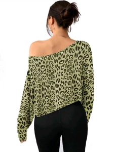 Back view of women's one-shoulder leopard print top with loose long sleeves in light green
