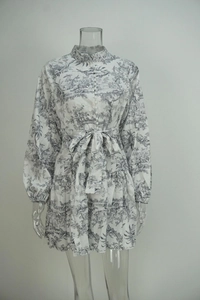 Detail of elegant blue Toile de Jouy print long sleeve dress with waist bow tie and buttons