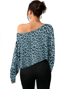 Detailed back view of off-shoulder blue-grey leopard print long sleeve top with slim fit