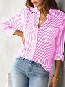 Relaxed fit pink and white striped long sleeve shirt with front pocket and classic collar