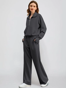 Women's dark gray oversized half-zip sweatshirt and wide-leg jogger two-piece set