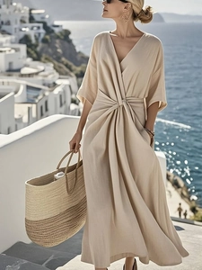 Women Summer V Neck Twist Front Maxi Dress Half Sleeve Loose Casual Vacation Solid Color A-Line Pleated Long Dress