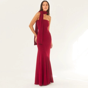 Women Strapless Mermaid Maxi Dress With Scarf Ribbed Knit Slim Fit Sexy Evening Party Dress Elegant Banquet Bodycon Gown