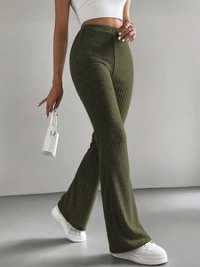 Women's olive green ribbed knit flare pants with high waist and slim fit design