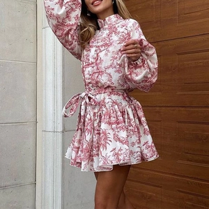 Elegant Toile de Jouy print mini dress with long lantern sleeves and waist tie detail
