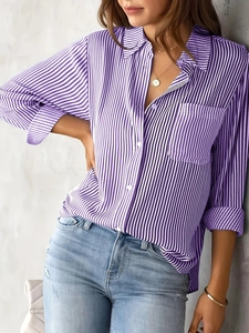 Casual purple and white striped long sleeve button down shirt for women in loose fit
