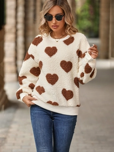 Sweat-shirt femme en polaire crème avec motifs jacquard cœurs marrons et col rond