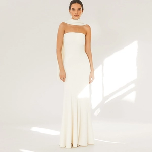 Elegant white strapless maxi dress with a slim-fit fishtail hem and matching shawl accessory