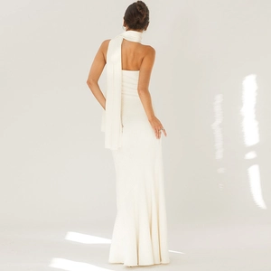 Elegant white slim-fit maxi dress with matching shawl and textured twill fabric design