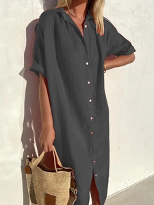 Detail view of charcoal cotton linen maxi dress with button placket and side slit