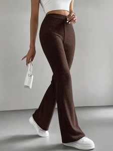 Chic dark brown ribbed knit flare trousers with high-waist slim fit for stylish women