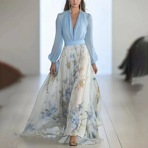 Robe Longue Élégante Femme Col en V Patchwork Imprimé Floral Mousseline Manches Longues Fête Cocktail Taille Haute Robe Trapèze