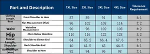 Detailed size chart for the sequin evening dress from 1XL to 4XL with full measurements