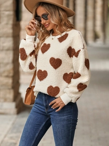 Sweat-shirt femme en molleton sherpa avec imprimés cœur marron et manches longues