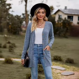 Women's casual ribbed knit long sleeve cardigan with front pockets in dusty blue shade