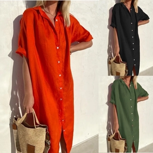 Women Elegant Casual Loose Short Sleeve Button Front Maxi Shirt Dress Cotton Linen Vacation Style Shirt Dress With Pockets