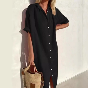 Elegant black cotton linen maxi shirt dress with buttons and short sleeves