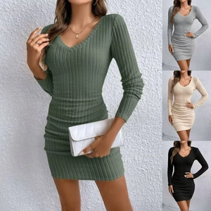 Detailed knit texture and color options of the V-neck bodycon long sleeve mini dress