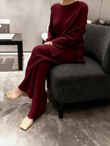 Ensemble Top Et Bottom en Maille Décontracté pour Femmes Pull Nervuré Couleur Unie et Pantalon à Jambes Larges