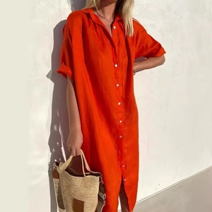 Elegant bright orange cotton linen button-down shirt dress with short sleeves and pockets