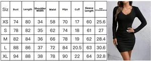 Size guide table for V-neck ribbed bodycon dress showing detailed garment measurements