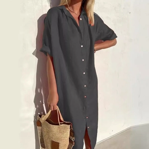 Elegant dark grey cotton linen maxi shirt dress with short sleeves and front buttons