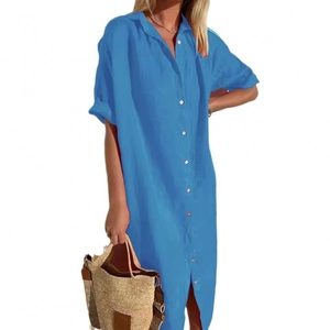 Women's bright blue cotton linen button-down maxi dress with short sleeves and pockets