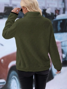 Rear view of women's olive green plush fleece jacket with a half-zip high collar design