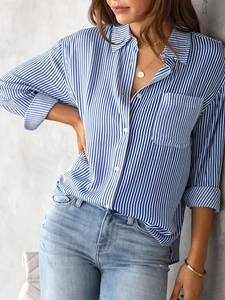 Women's casual long sleeve shirt featuring classic blue and white vertical stripes