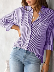 Women's casual long sleeve shirt featuring purple and white vertical stripes with single pocket