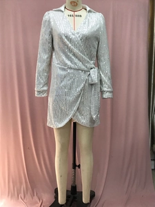 Detailed view of the wrap V-neckline and shimmering silver sequins on the dress bodice