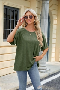 Detail of army green crewneck T-shirt showing rolled sleeve cuff and premium cotton texture