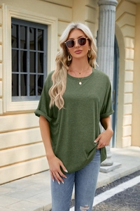 Detailed close-up of army green oversized crew neck t-shirt with rolled sleeve cuffs