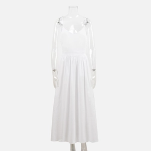 Elegant white V-neck pleated cotton maxi dress with spaghetti straps on a model