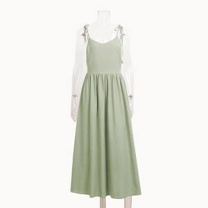 Elegant light green cotton V-neck slip midi dress with tie straps and A-line silhouette