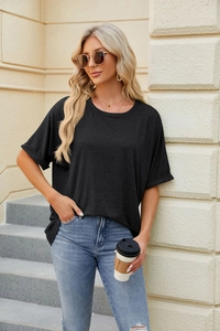 Detail of rolled cuffs and crewneck on women's loose black short-sleeve T-shirt