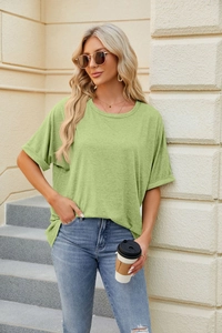 Detail of avocado green round neck T-shirt featuring stylish rolled sleeve cuffs