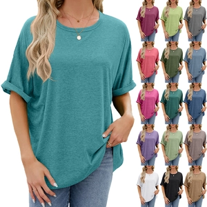 Women Casual Short Sleeve T-Shirt Crew Neck Loose Oversized Top Rolled Cuffs Soft Rayon Blend Breathable Basic Summer Tee