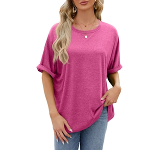Women's loose rose pink crew neck short sleeve T-shirt with rolled cuffs for summer