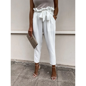 Women's white paperbag waist cropped pants with adjustable tie belt and loose fit