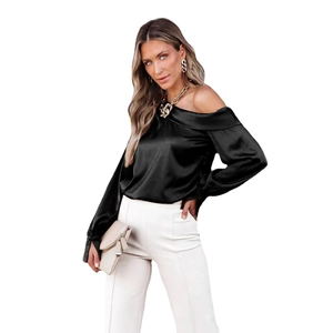Elegant black satin off-shoulder long sleeve blouse with a glossy silk-like finish for women