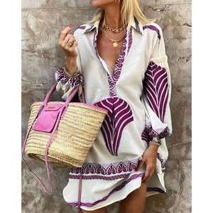 Bohemian white linen V-neck maxi shirt dress with purple geometric leaf patterns