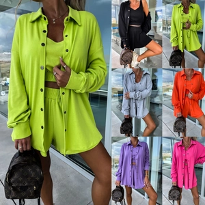 Ensembles Femme Décontractés Chemise Gilet Short Tenues Tricot Coton Polyester Pour Vacances Couleur Unie Lounge Wear