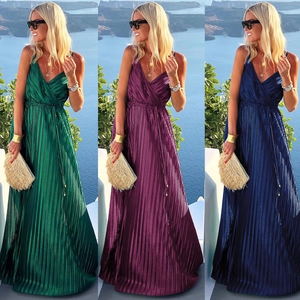 Deep V-neck pleated maxi dress for women in dark green, purple, and navy blue
